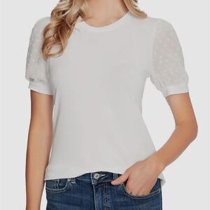 CeCe Short Puff-Sleeve Mixed Media Knit Top NWOT